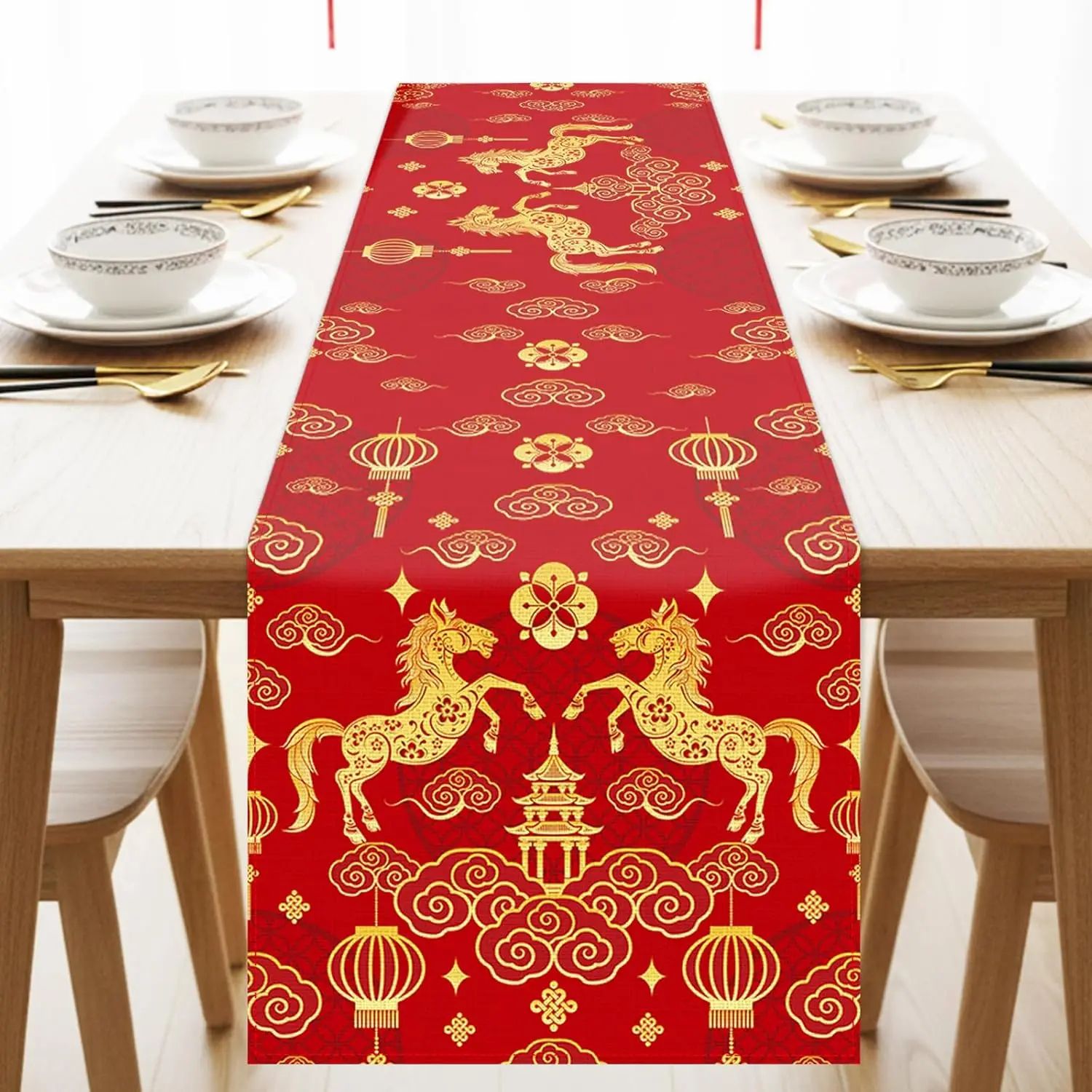 2026 Year of the Horse Chinese New Year table runner in festive red and gold