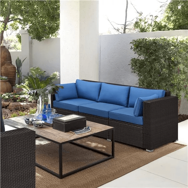 3 Seat Outdoor Rattan Couch Patio Wicker Sofa with Protective Cover & Throw Pillows, Brown/Dark Blue