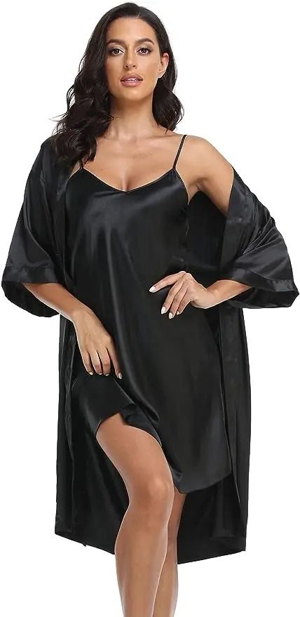 Silk Satin 2-Piece Pajama Set – Professional Sexy Silky Pj Robe with Chemise Nightgown
