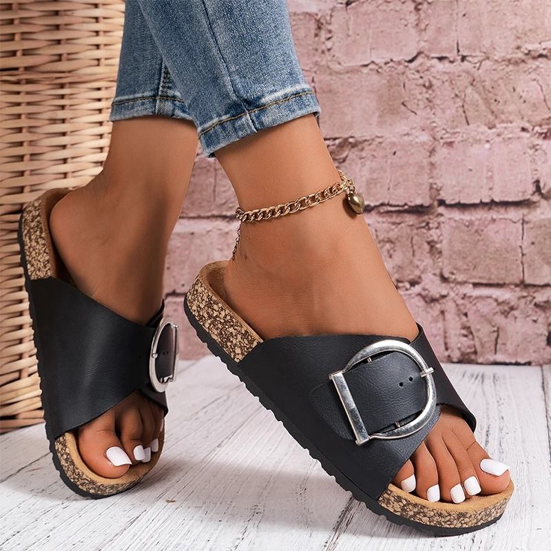 Womens Solid Color Buckle Cover for Flat Heeled Slippers