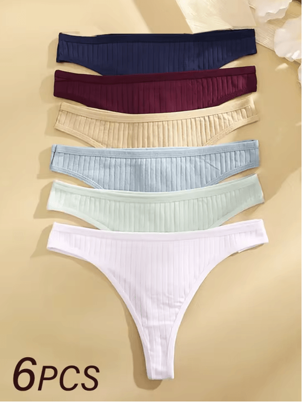 6 Pack Womens Cotton Thongs – Ribbed Low Rise G String Bikini Underwear Set