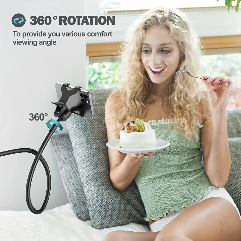 Flexible Long Arm Gooseneck Lazy, Cell Phone Clip on Stand Holder with Grip, Bracket Mount Clamp for iPhone