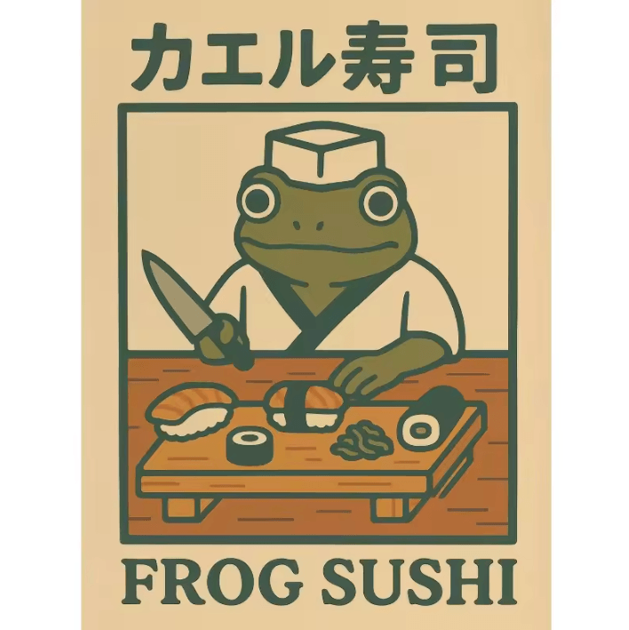 Funny Japanese Frog Bathtub Poster – Retro Sushi Kitchen Wall Art Canvas