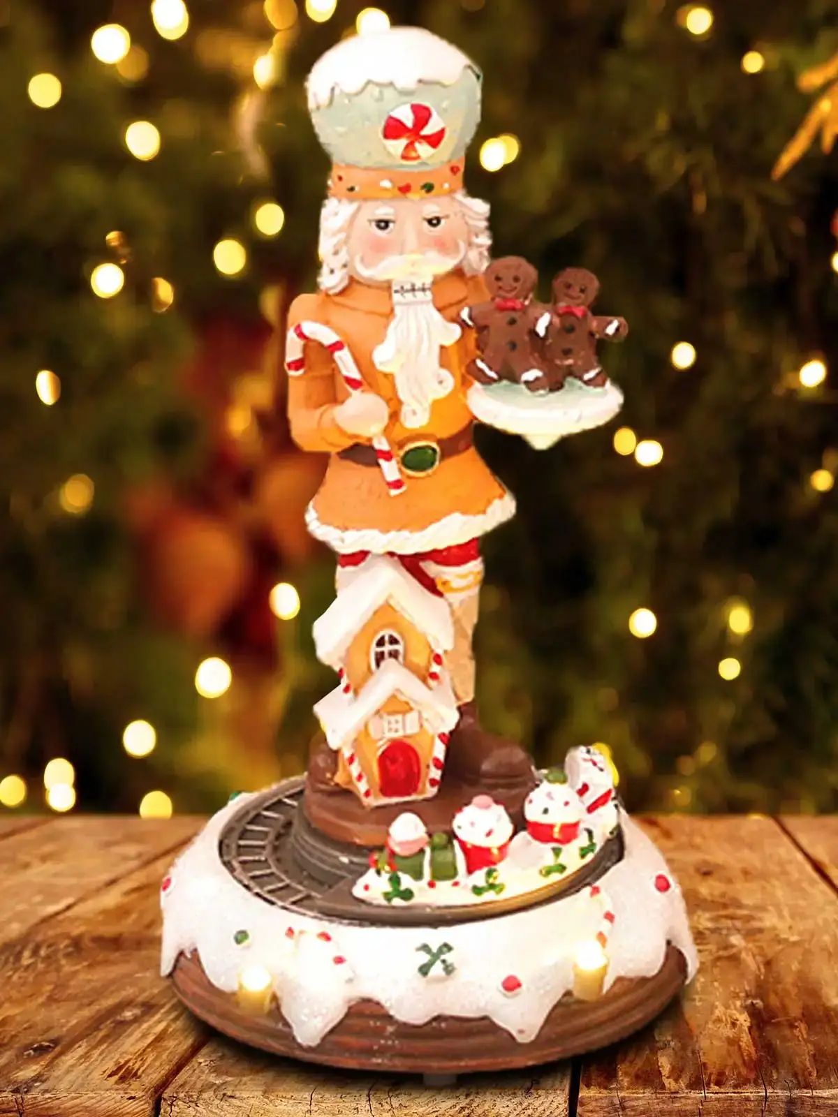Festive Gingerbread Nutcracker LED Rotating Train Figurine