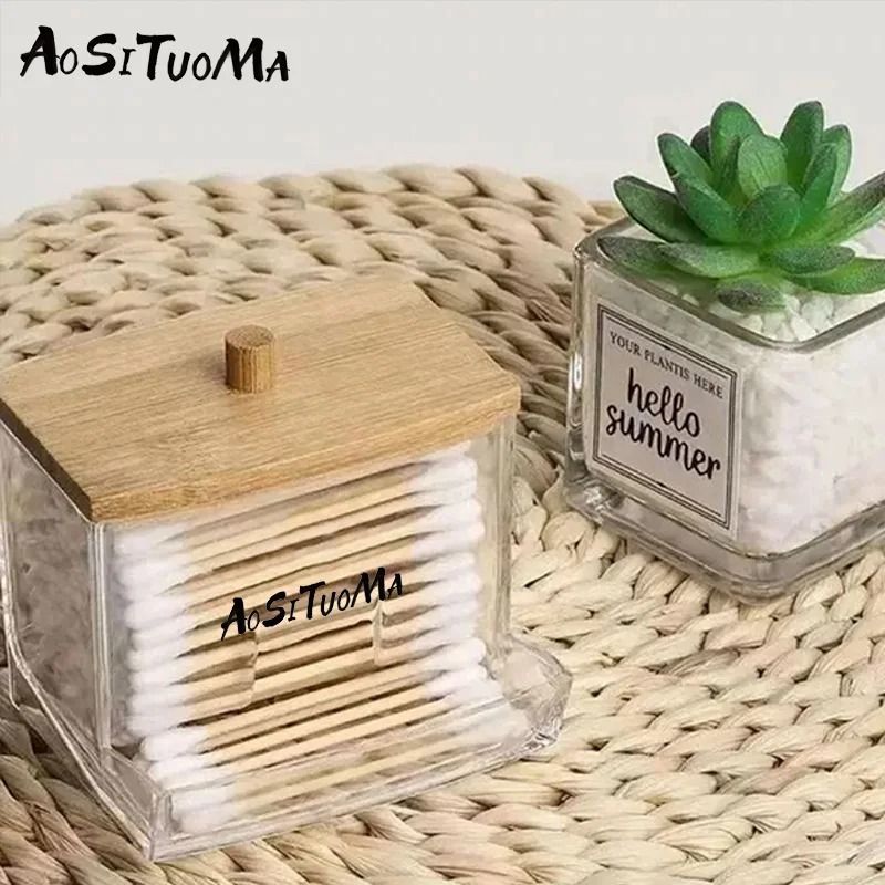 7 Oz Cotton Swab and Pad Holder with Wood Lid