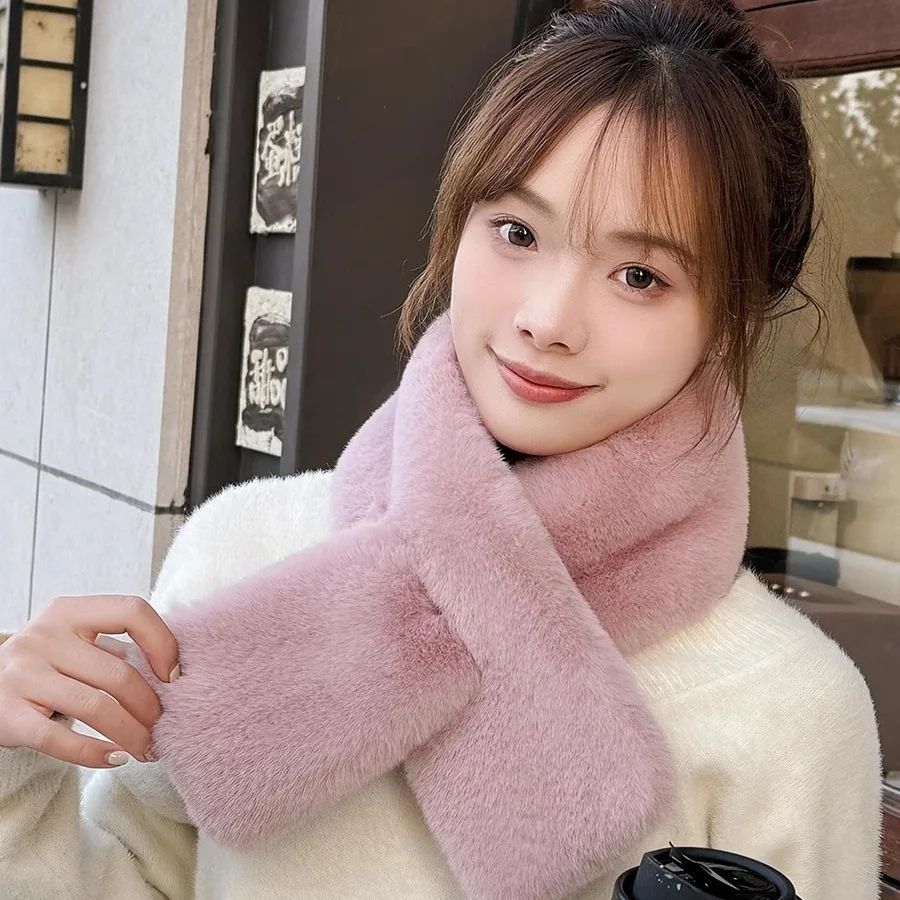 Luxury Faux Rabbit Fur Cross Collar Scarf – Women's Thick Winter Furry Neck Warmer