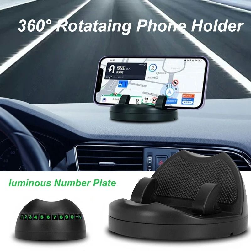 360-Degree Rotation Car Dashboard Phone Mount with Head-Up Display and Luminous Number Plate