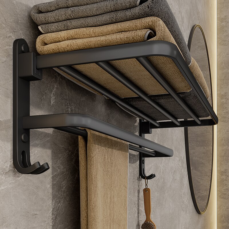 Matte Black Folding Towel Holder with Hook, Wall-Mounted Aluminum Towel Rack for Home