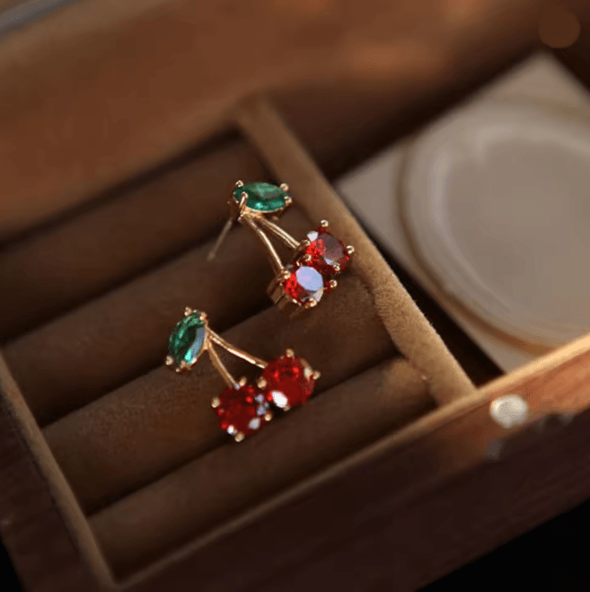 Red Zircon Cherry Leaf Earrings