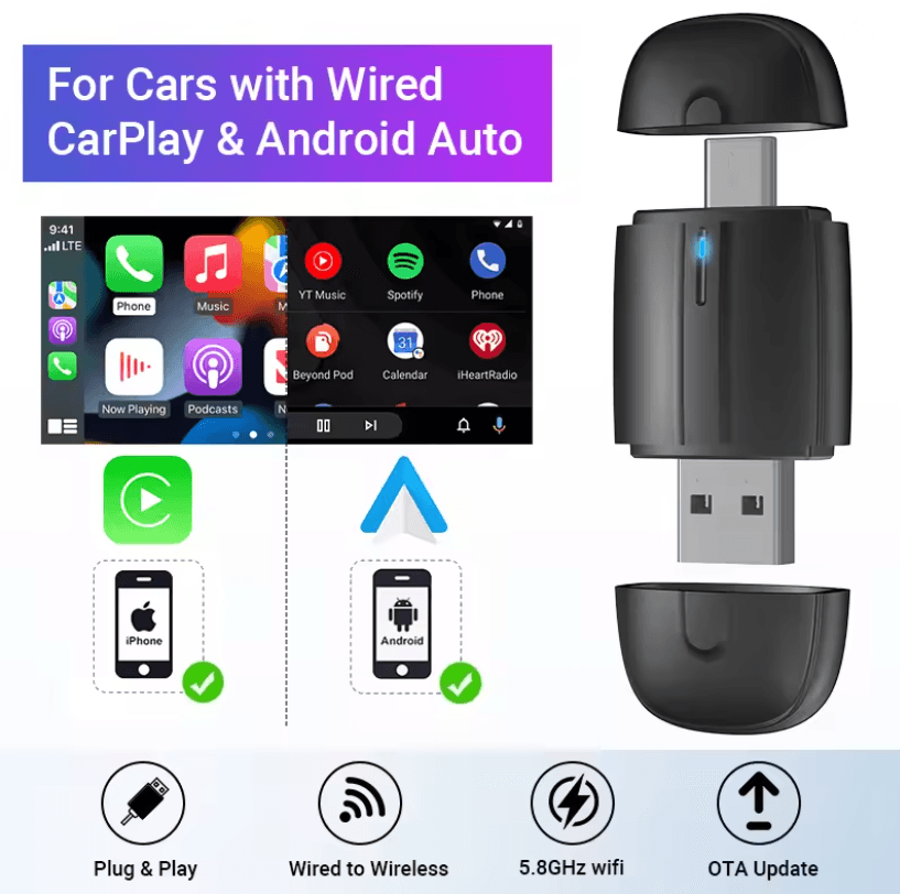 Mini Wireless Carplay Android Auto Adapter – Plug and Play 2 in 1 USB Dongle