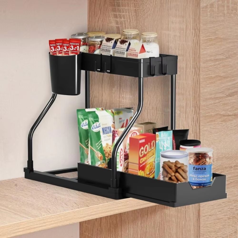 R-Shape Double-Layer Kitchen Countertop Organizer – Pull-Out Sink Storage Rack for Kitchen & Bathroom