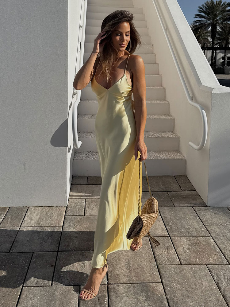 Elegant Women Summer Yellow Stain V Neck Sling Dress Loose Maxi Robes Sleeveless Party Dresses