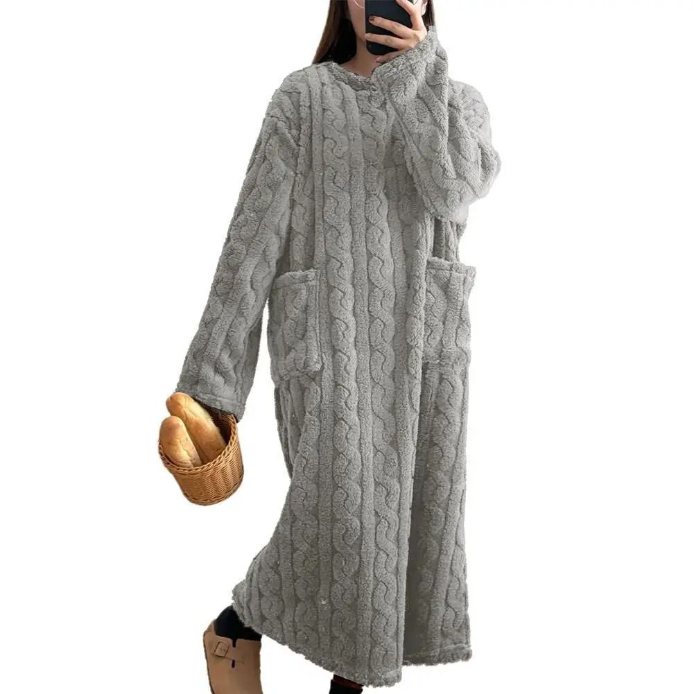 Women Winter Flannel Nightgown Long Sleeve Warm Sleepwear Dress