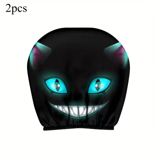 Smiling Cat Car Seat Headrest Pillow Covers – 2pcs Black with Glowing Blue Eyes