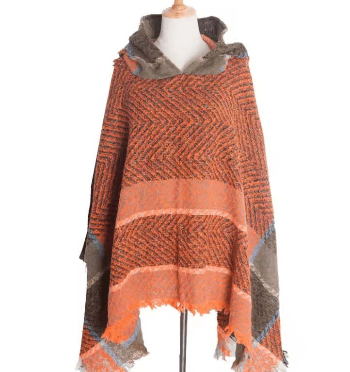 Hooded Fishbone Pattern Women Cape Poncho Autumn Winter Pullover Women Hooded Cloak