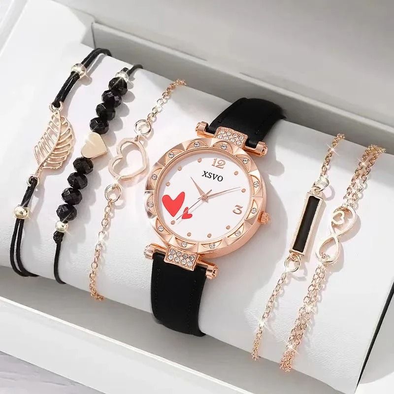 Love Diamond 6-Piece Watch & Jewelry Set – Light Luxury Rose Gold & White Fashion Collection for Women
