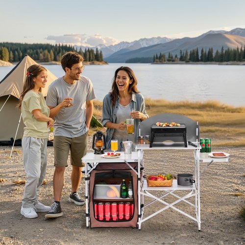 Portable Camping Kitchen Table, Foldable Picnic Cabinet with Storage Rack, Windshield & Side Tables