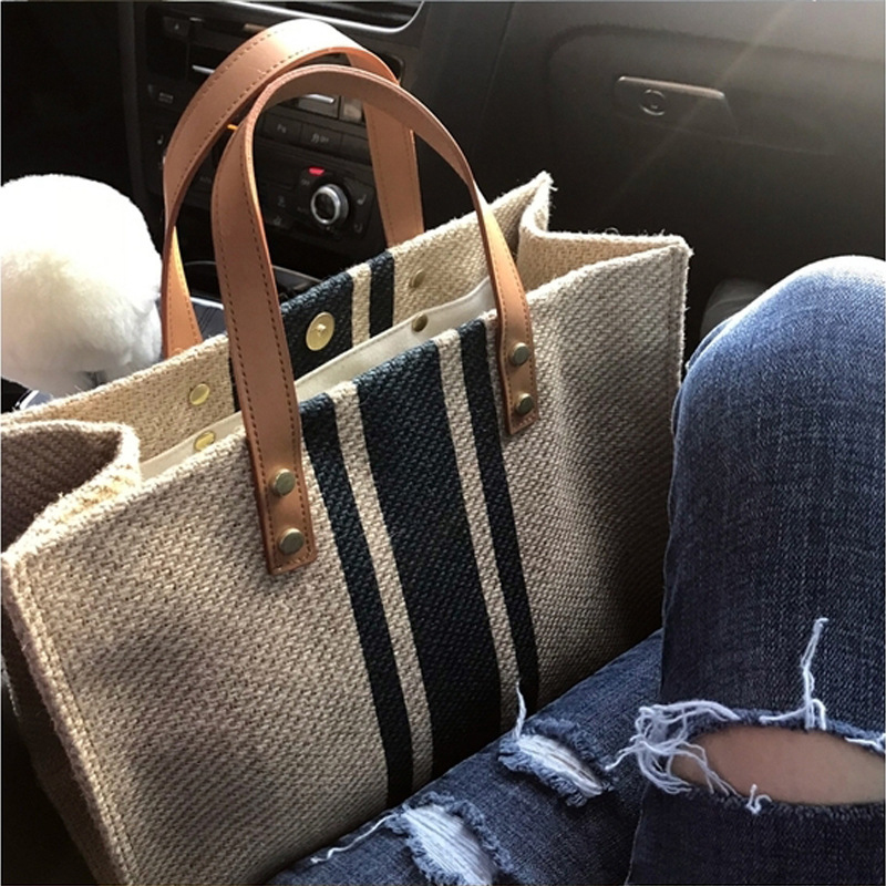Simple Canvas Stripe Decor Bucket Handbag Stylish and Spacious Womens Top Handle Tote Bag for Casual Everyday Use