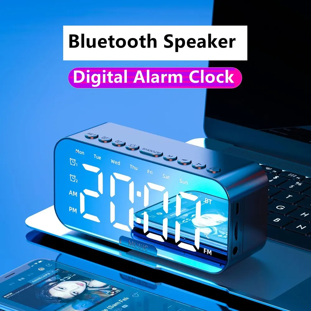 Bluetooth LED Alarm Clock, Digital Mirror Speaker, FM Radio Table Clock, Temperature Display for Bedroom Office
