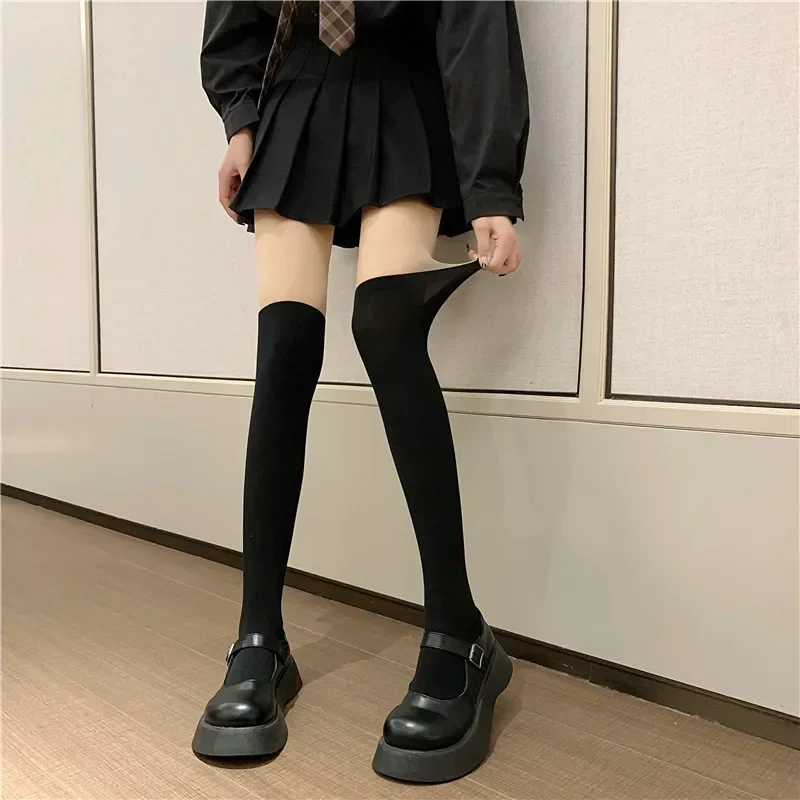 Sheer to Opaque Thigh High Illusion Stockings, Women's Fake Over the Knee Tights, JK Style Contrast Color Pantyhose