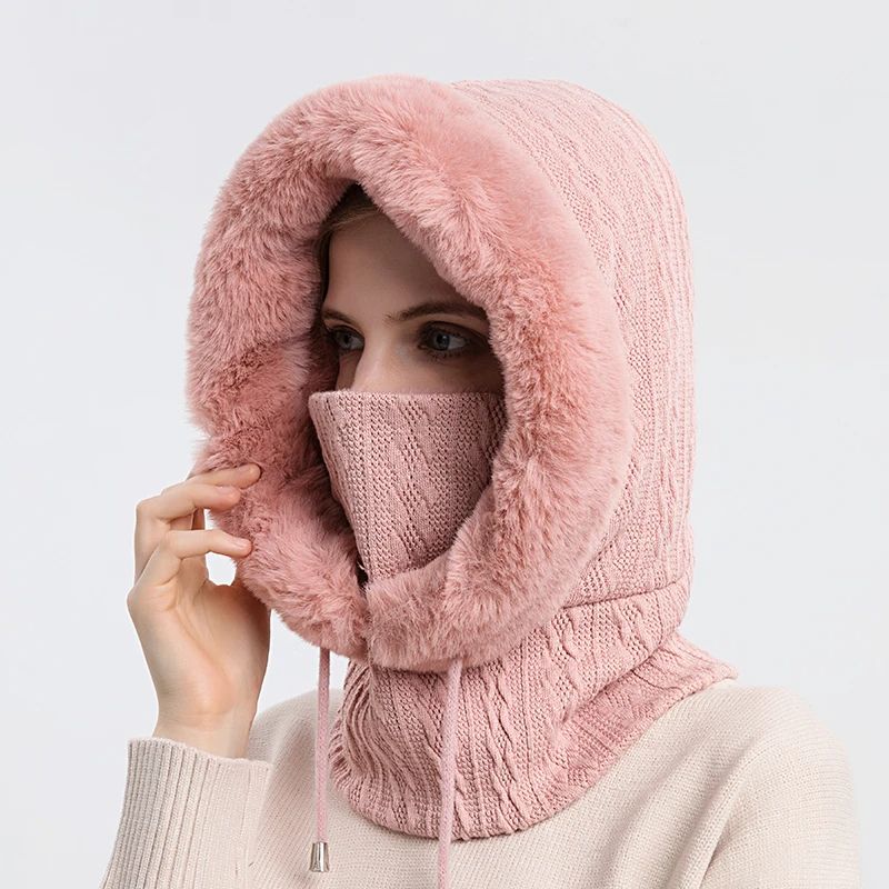 Women Winter Fur Cap Mask Set, Hooded Knitted Cashmere Balaclava Ski Hat with Thick Fluffy Beanies & Neck Warmer H