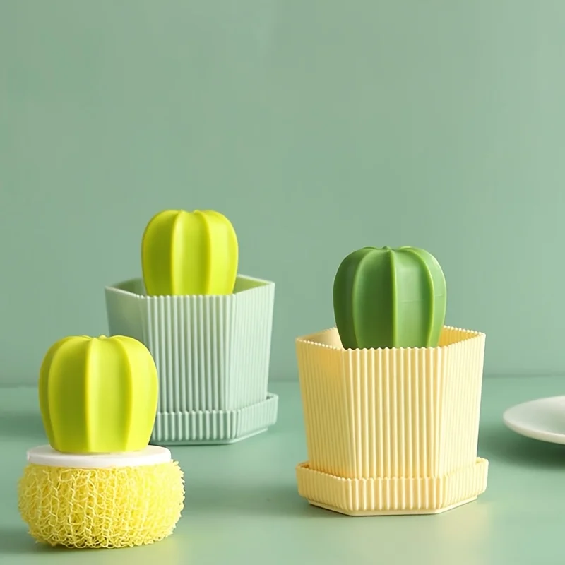 Household Kitchen Cleaning Brush, Cactus Dishwashing Brush, Pot Wash Brush with Handle, Nano Cleaning Ball for Effortles