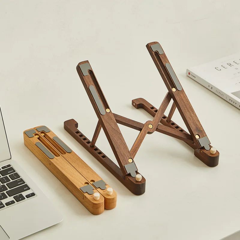 ErgoWood Foldable Laptop Stand – 8-Level Height Adjustable Wooden Notebook Holder for 11–17 in Laptops