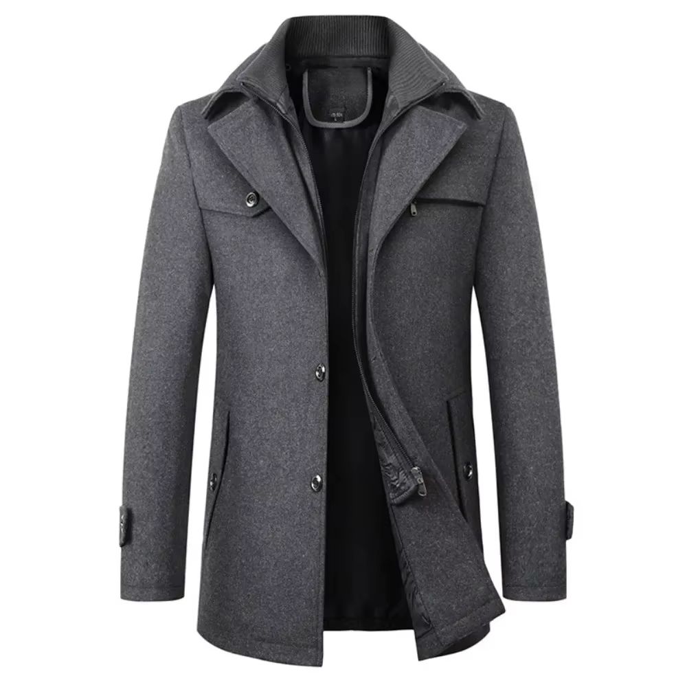 Classic Double Collar Men's Pea Coat – Elegant Men's Woolen Trench Coat Winter Overcoat