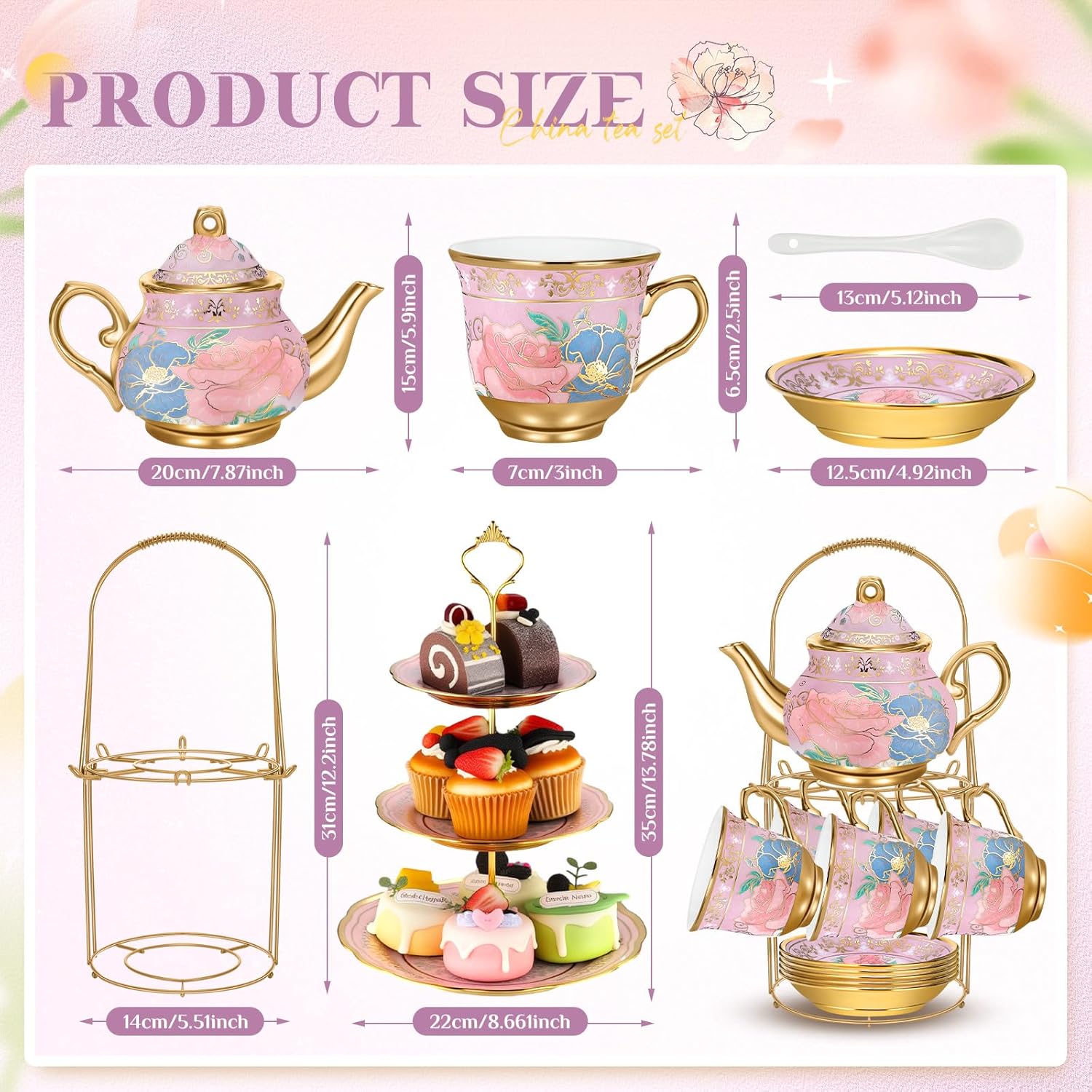 21-Piece Ceramic Tea Set with Metal Holder & Cupcake Stand – Elegant European Tea Pot, Cups, and Tiered Dessert Tower