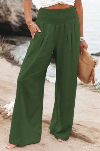 Women Drawstring Wide Leg Casual Pants Mid Waist Beach Trousers