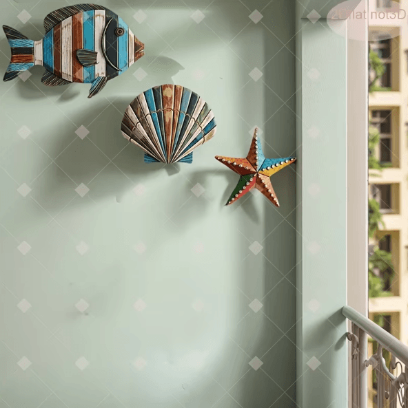 Colorful Wooden Ocean Wall Decor Set – Sea Fish, Shell & Starfish Farmhouse Art