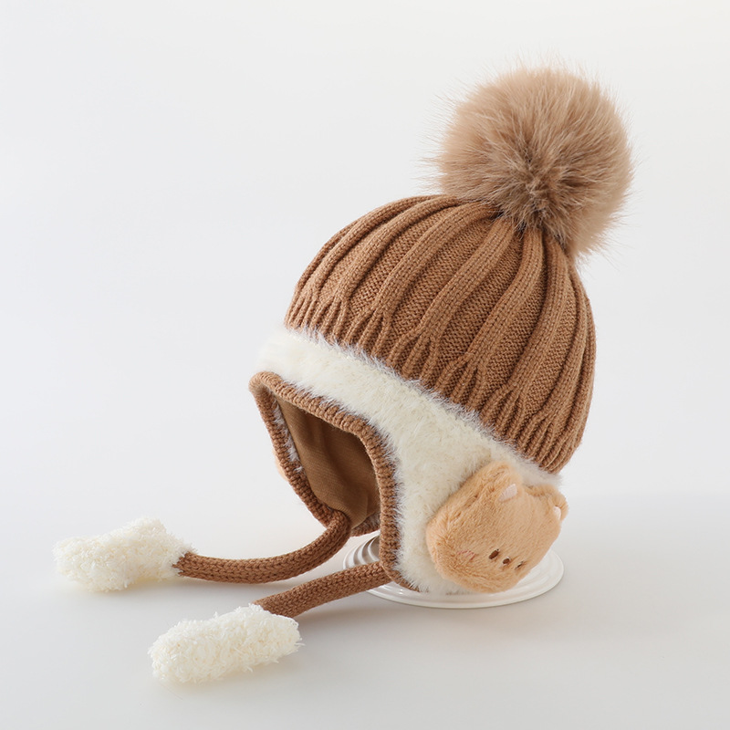 Warm Ear Protection Hat Velvet Lining Kids, Children Woolen Knit Hats, Cute Animal Baby Earmuffs Cap Winter