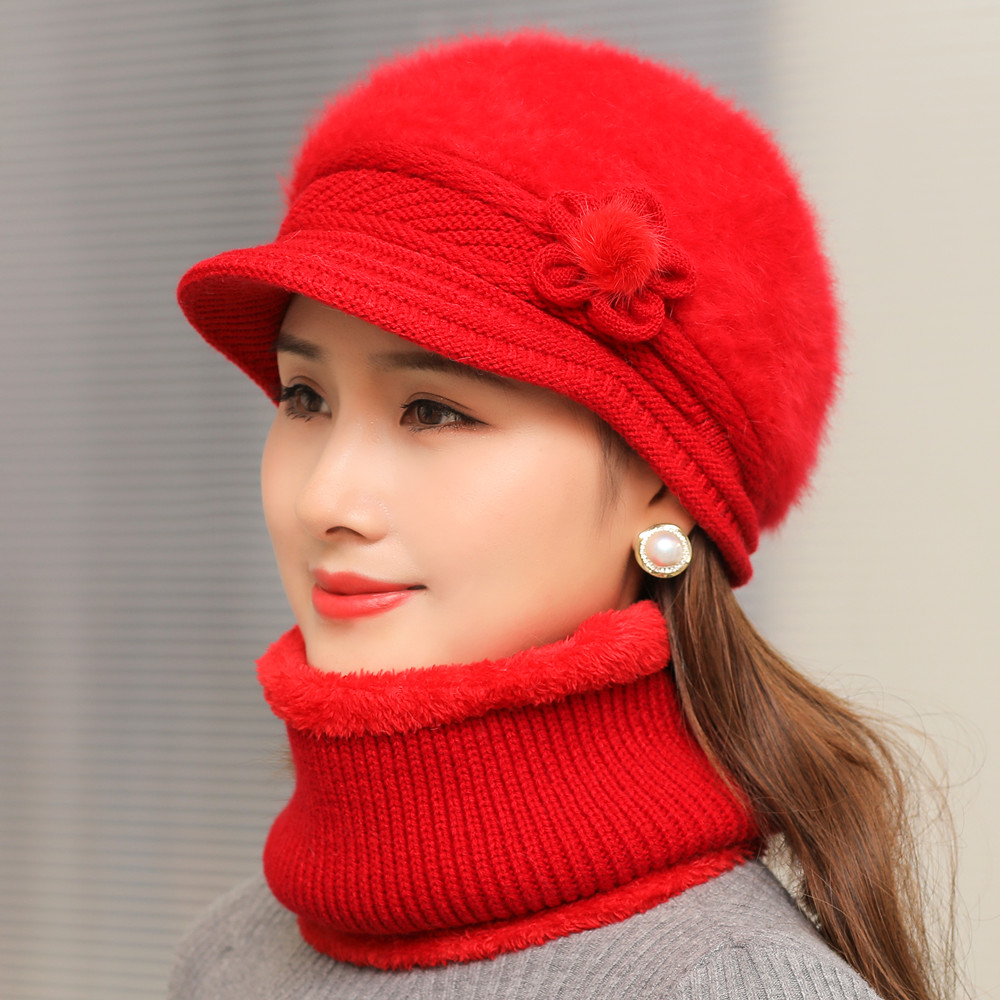 Fashion Women Winter Hat Faux Fur Knitted Hat Scarf Warm Set Keep Warm Cap Casual Flower Hat Lined with Fur