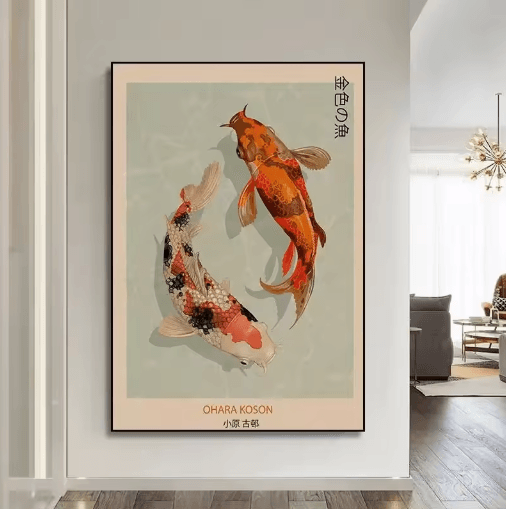 Hokusai-Inspired Goldfish Lotus Japanese Wall Art Retro Canvas Print (Frameless)