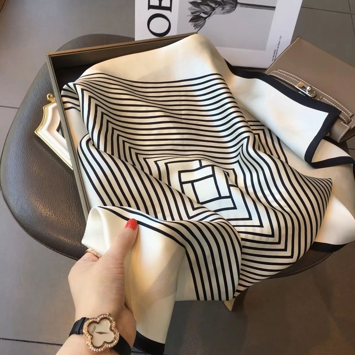 Women's Striped Silk Satin Square Scarf – 27.56x27.56in Elegant Headband, Neck Wrap & Bandana