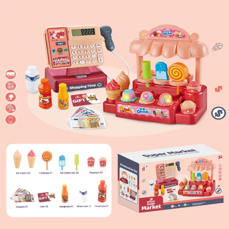 Scanning Cash Register Bills Coins Childrens Food Simulation Supermarket Play House Game with Sound & Lights Kids Toys