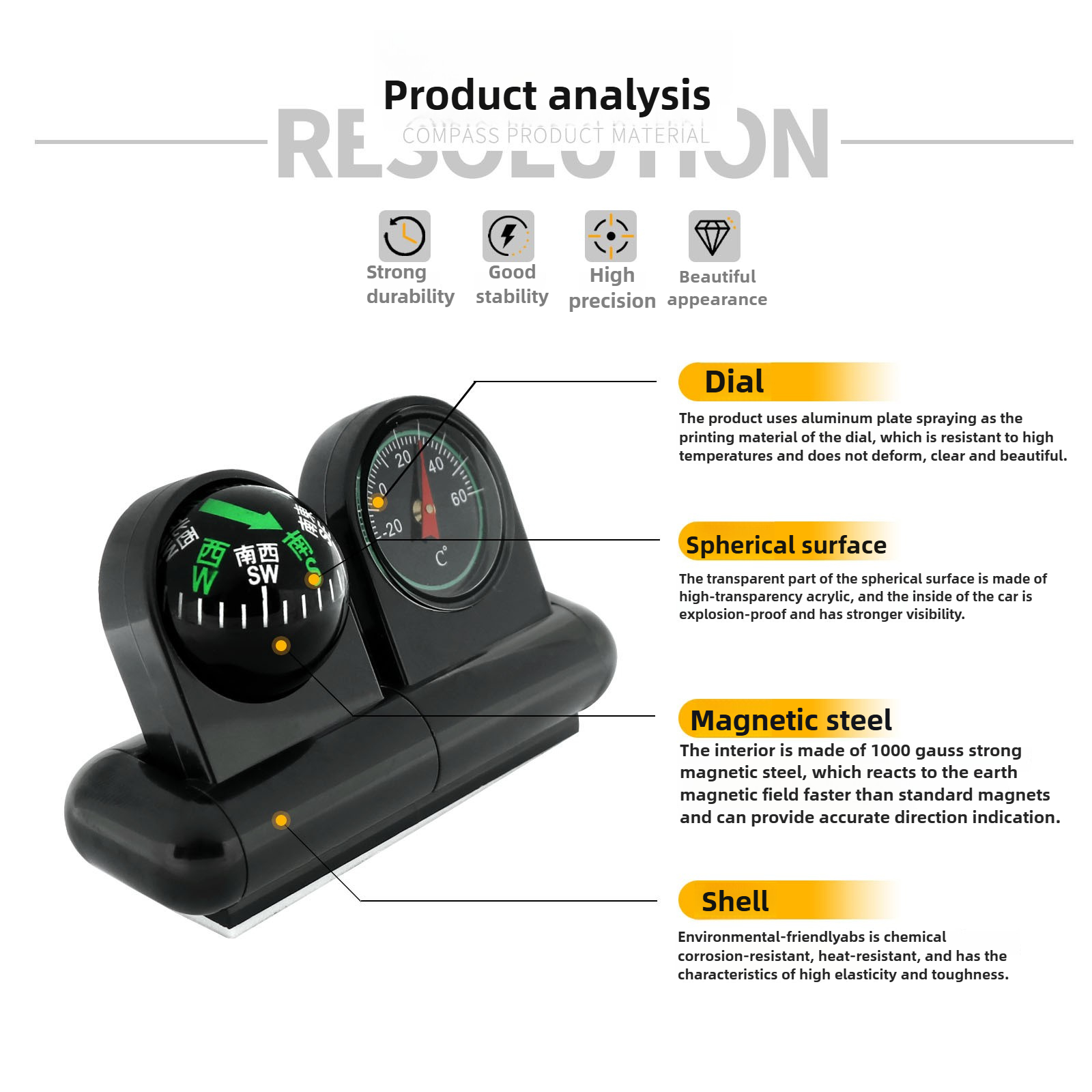 Rotatable Car Compass with Thermometer  High Accuracy Dashboard Accessory for Auto Navigation