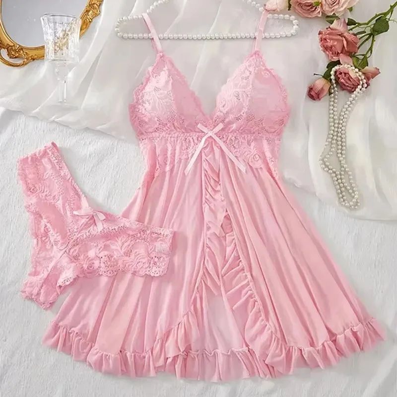 Women Red Lace Nightdress Set with Sheer V Neck Cami and Panties