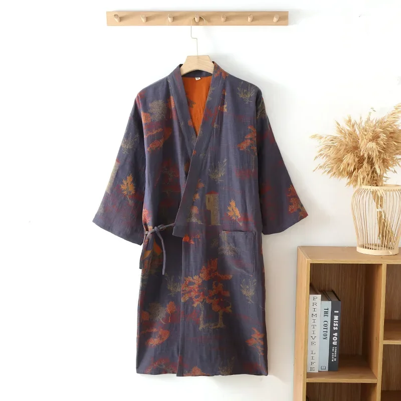 Cotton Kimono Pajamas Robes for Spring, Men's Oversized Bathrobe, Jacquard Printed Roomwear, Medium Length Home Clothing
