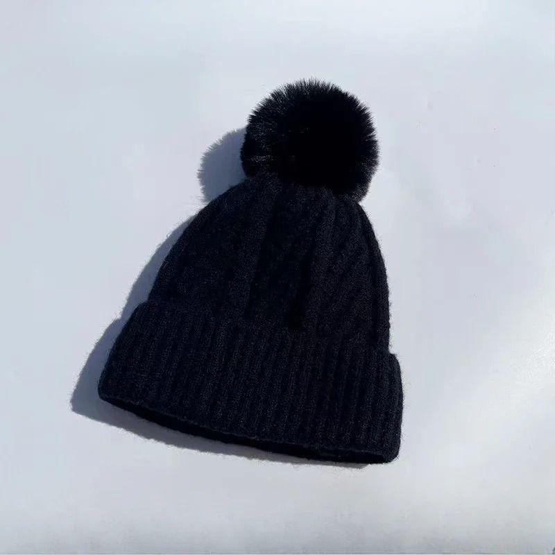 Winter Knit Beanie Hat with Fur Pompom Warm Velvet Lined Cap