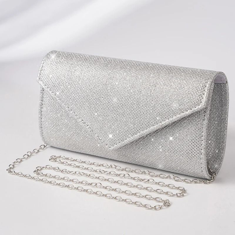 Elegant Silver Glitter Envelope Evening Bag – Shiny Ladies Chain Shoulder Bag for Weddings & Parties