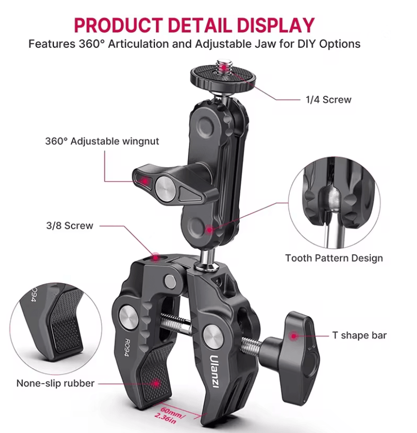 Ulanzi R094 Metal Super Clamp with Double Ball Head Arm for Camera Monitor and Mic Mount