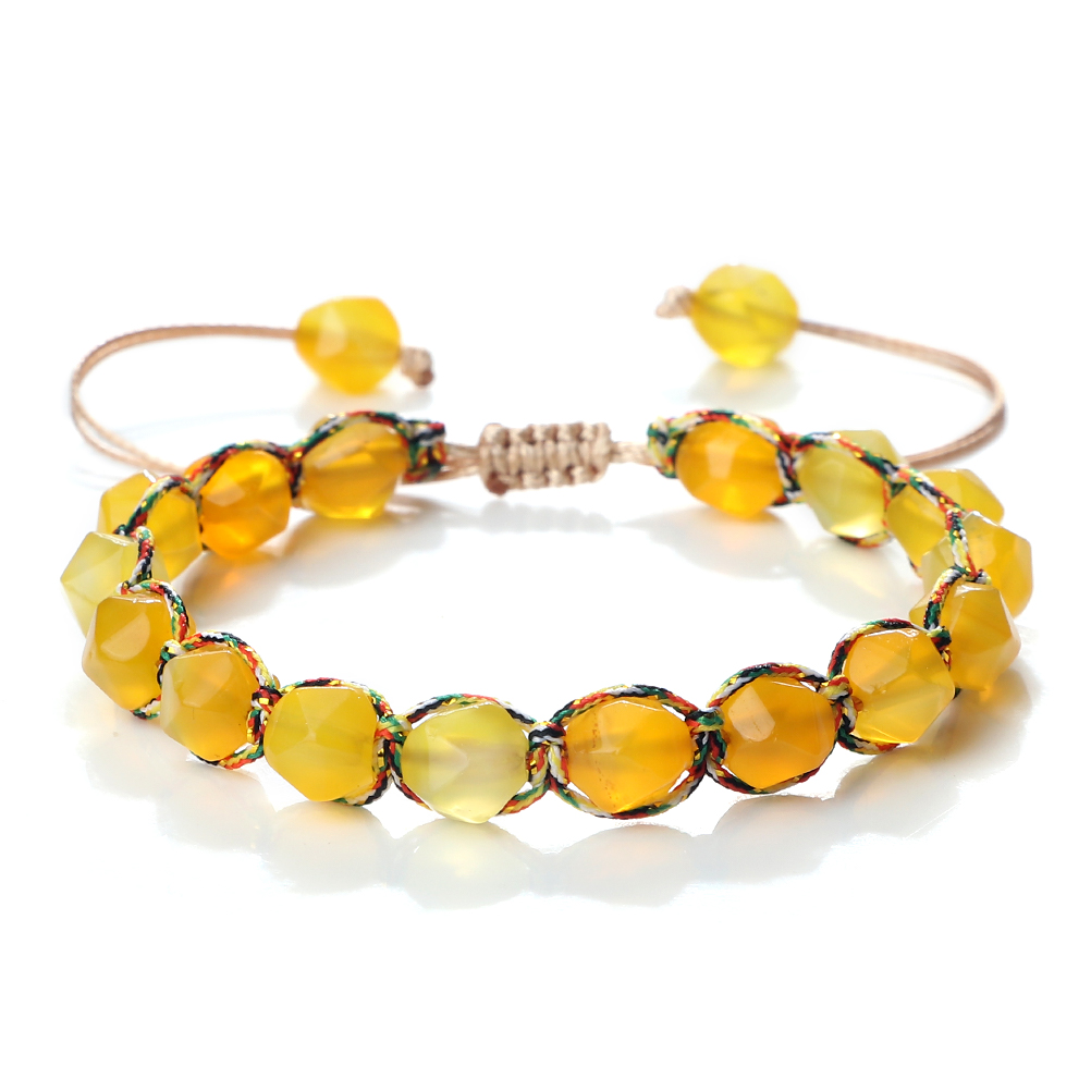 Women Malay Stone Cut Face Bracelet Yellow Agate Handmade Wristband Vacation Healing Beach Jewelry