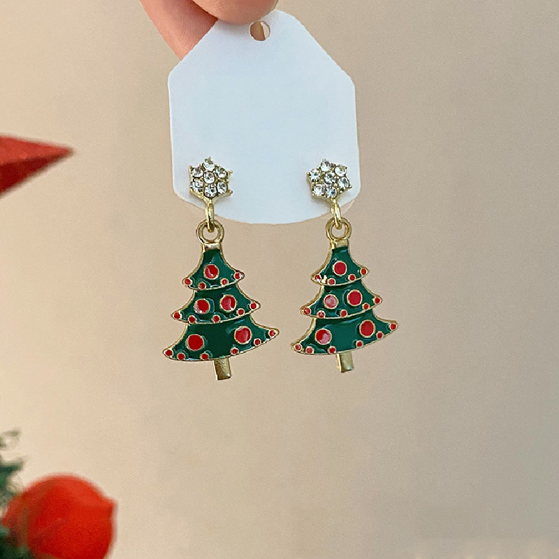 Crystal Star Earrings, Green Christmas Tree Stud, Women Dangle Jewelry, Party Gift