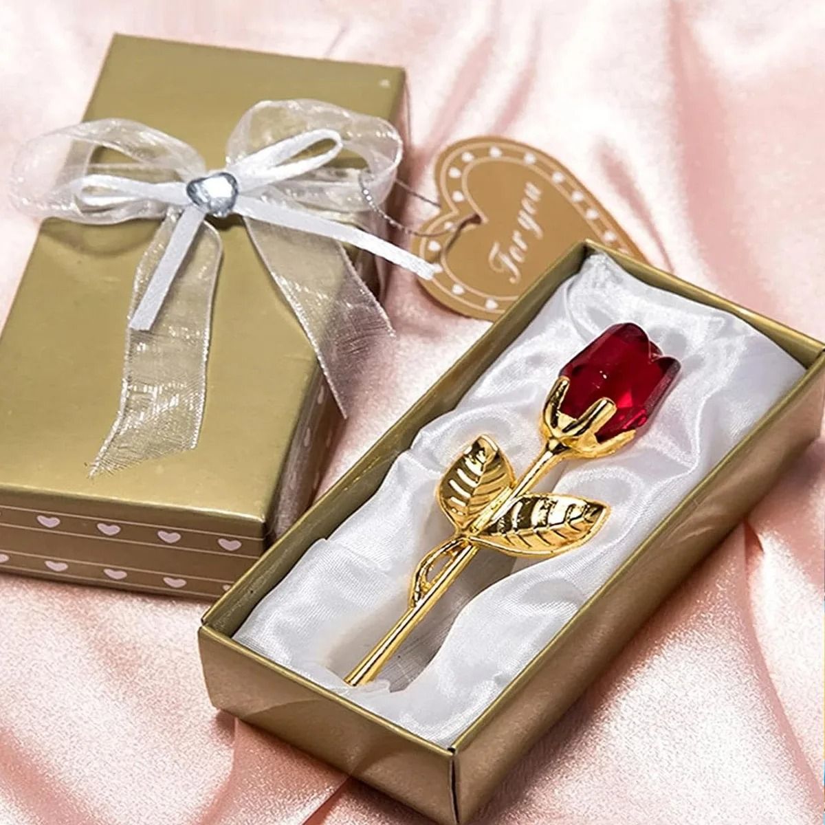 Crystal Glass Rose Mini Flower Ornament Gift with Display Box for Desk, Home, Weddings and Valentines Day