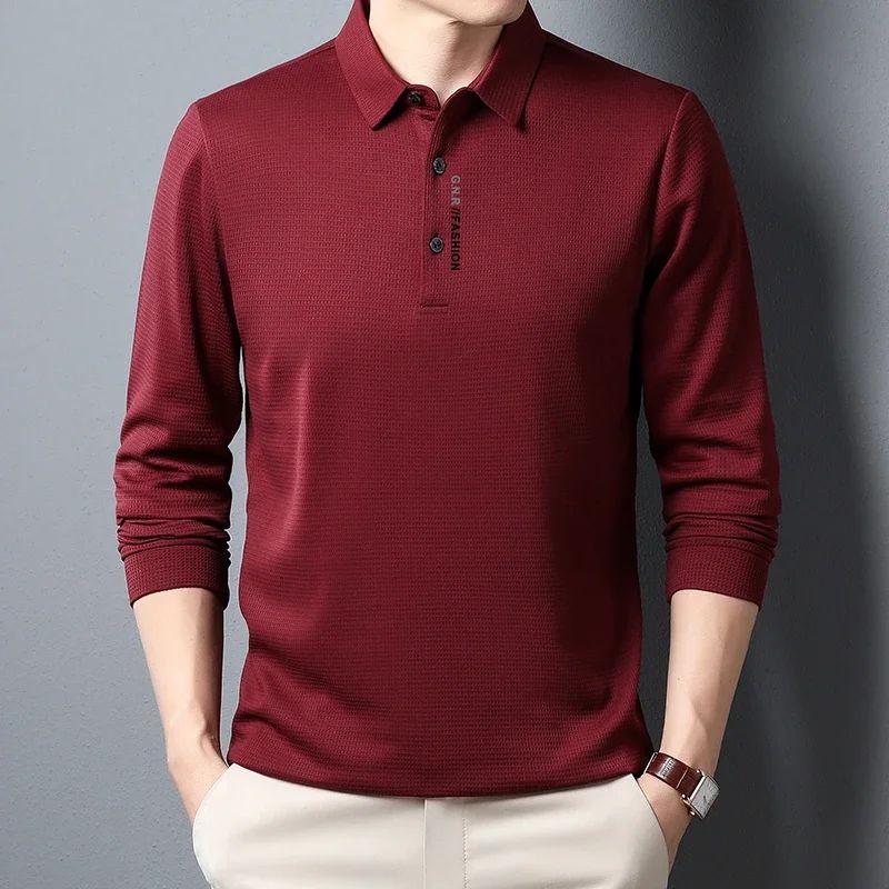 Men's Waffle Knit Polo Shirt – Long Sleeve Casual Letter Print Lapel Top