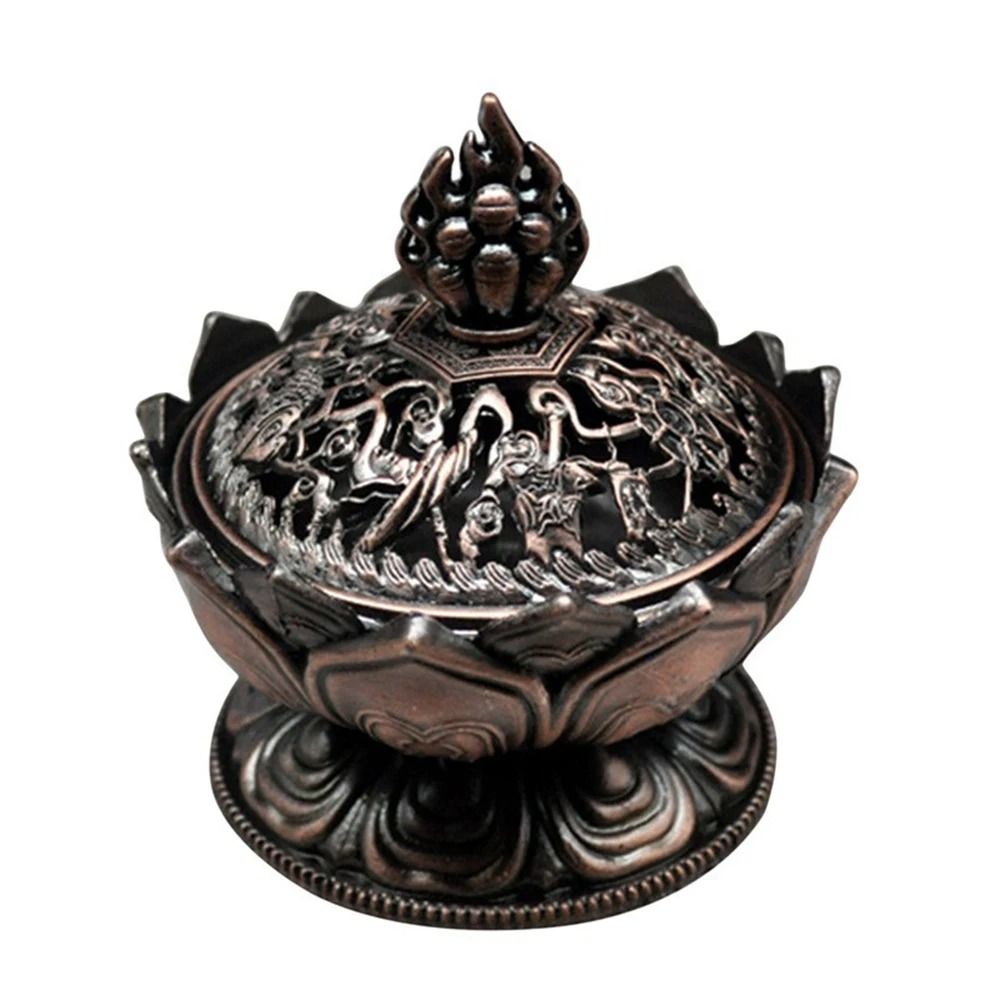 Lotus Flower Incense Burner Brass Style Buddhist Decor Mini Metal Censer