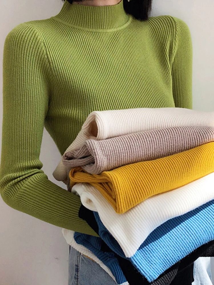 Autumn Winter Mock Neck Women Sweater Vintage Solid Knitted Pullover