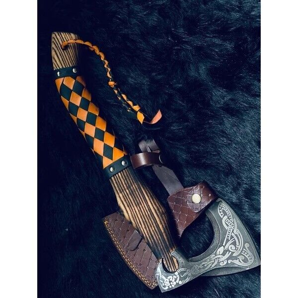 Handmade Damascus Steel Axe | Hunting & Gift Hatchet with Cutting Edge | Twist Pattern Blade & Ash Wood Handle