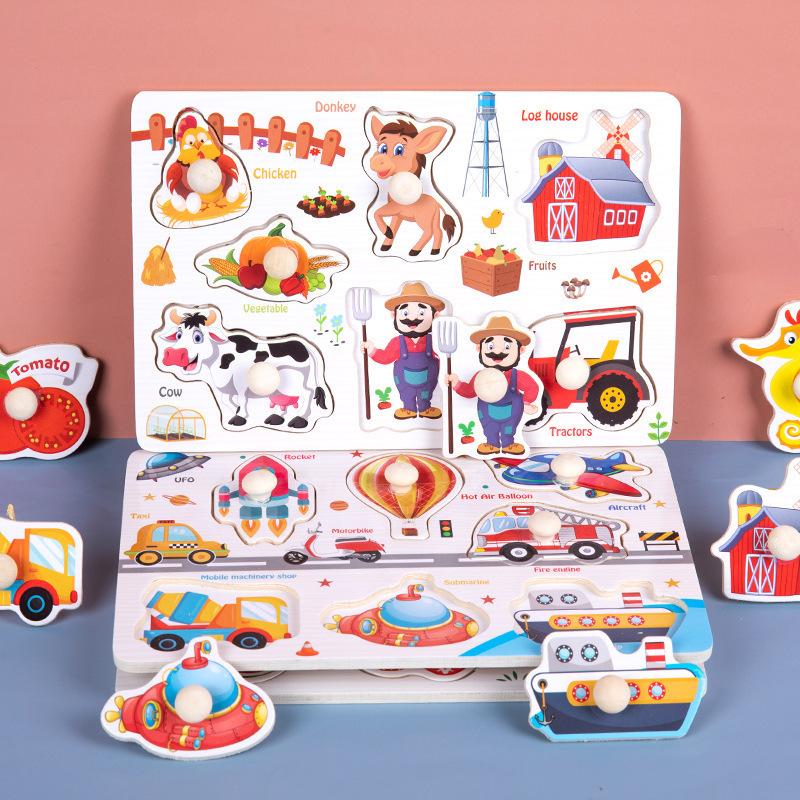 Handheld Montessori Baby Puzzle Matching Board Toy for Early Childhood Education with Cartoon Animals and Fruits
